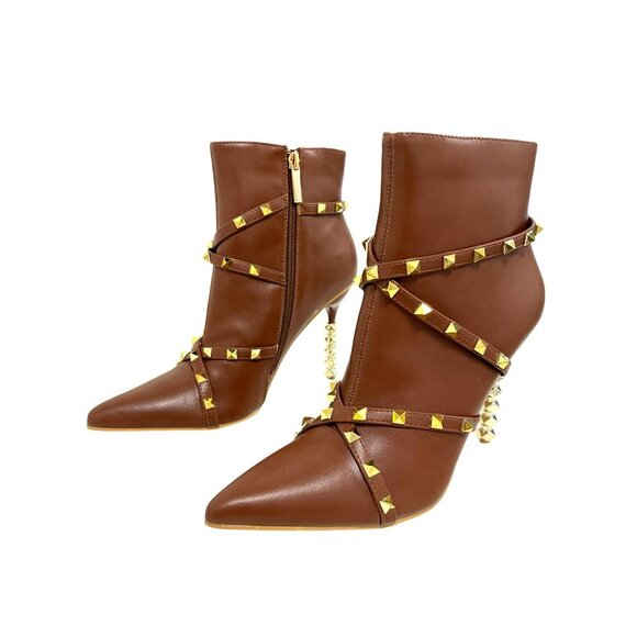 New Cape Robbin Ines Brown Studded Pointed Toe Ankle Boots Spiral Heels Size 8 - Picture 3 of 7